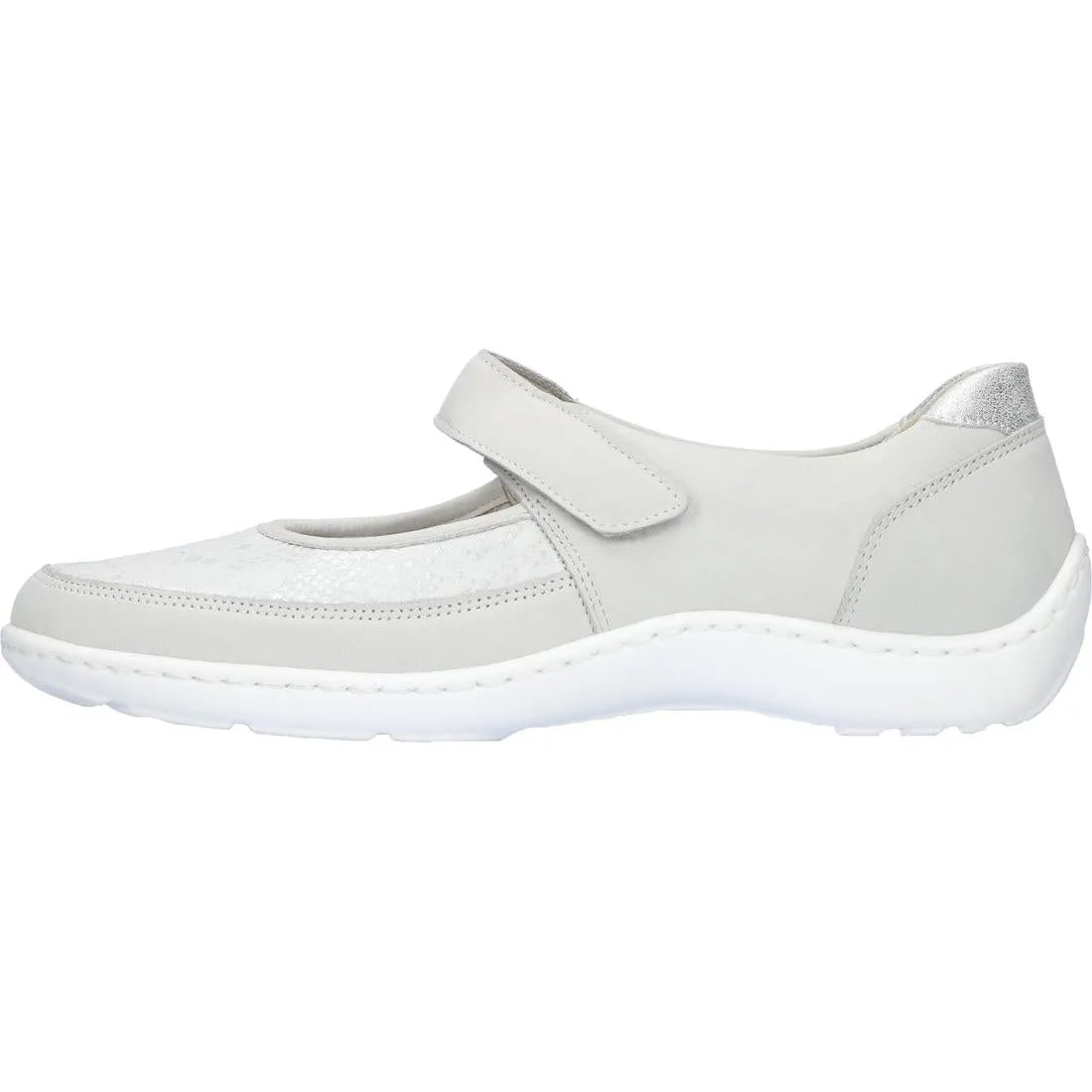 Waldlaufer Henni ladies wide-fit grey nubuck shoes with arch support and touch fastening strap.