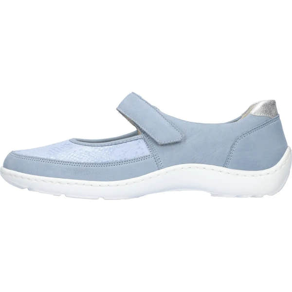 Waldlaufer Henni women's wide-fit denim nubuck touch fastening shoes with arch support and sporty white sole.