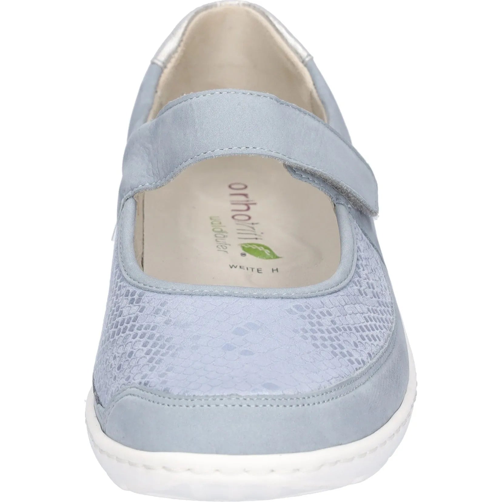 Waldlaufer Henni women's wide-fit shoes with denim nubuck upper, arch support, touch fastening, and slip-on design.