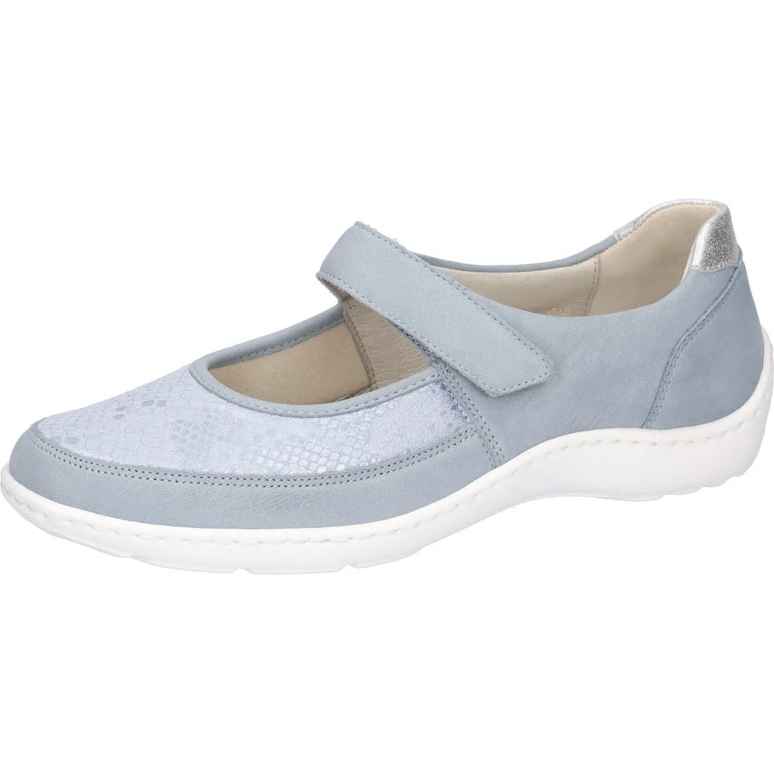 Waldlaufer Henni Ladies Wide Fit Touch Fastening Shoes in denim nubuck with arch support and white sole.