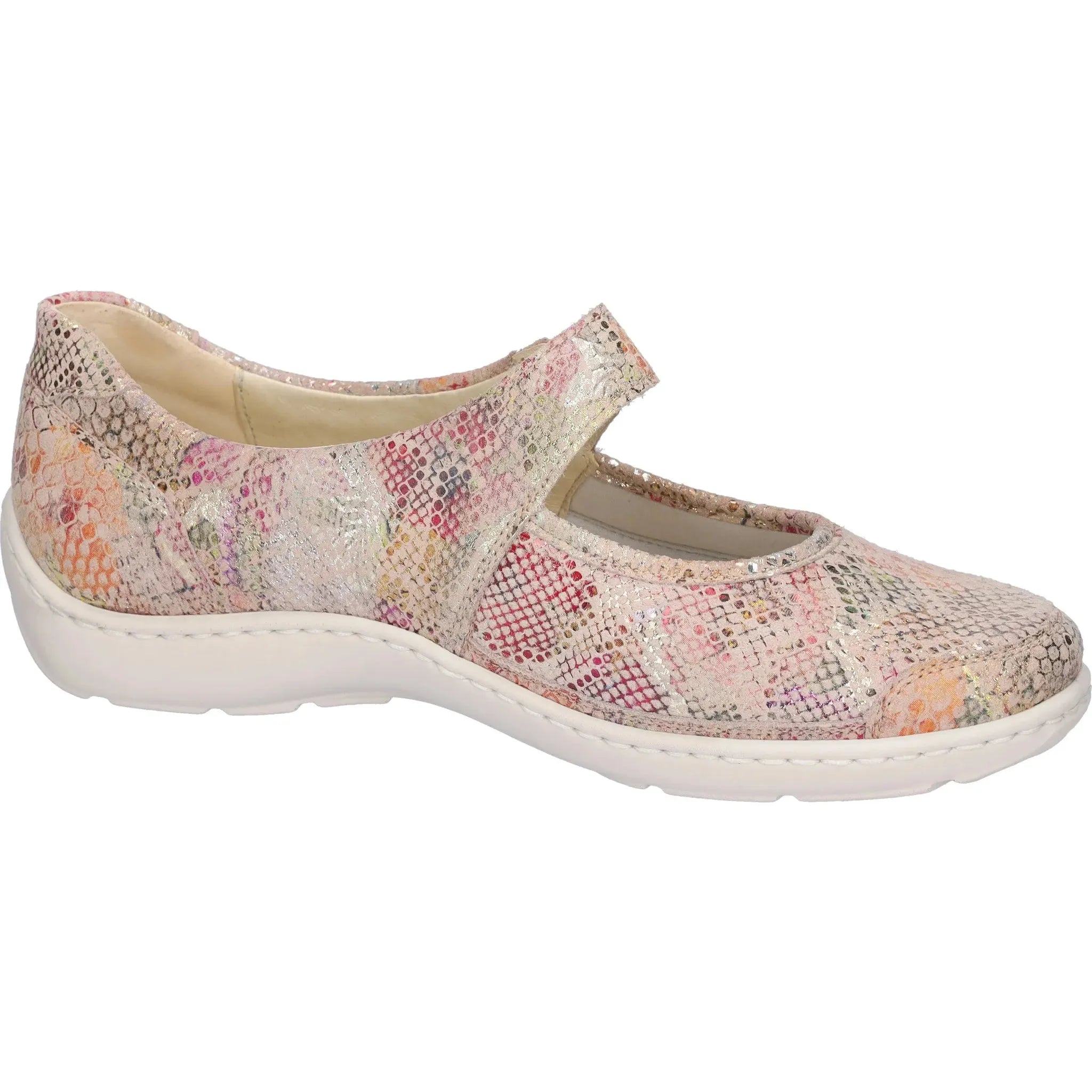 Waldlaufer Henni Ladies Wide Multi Nubuck Touch Fastening Shoes with colorful textured pattern and white sole.