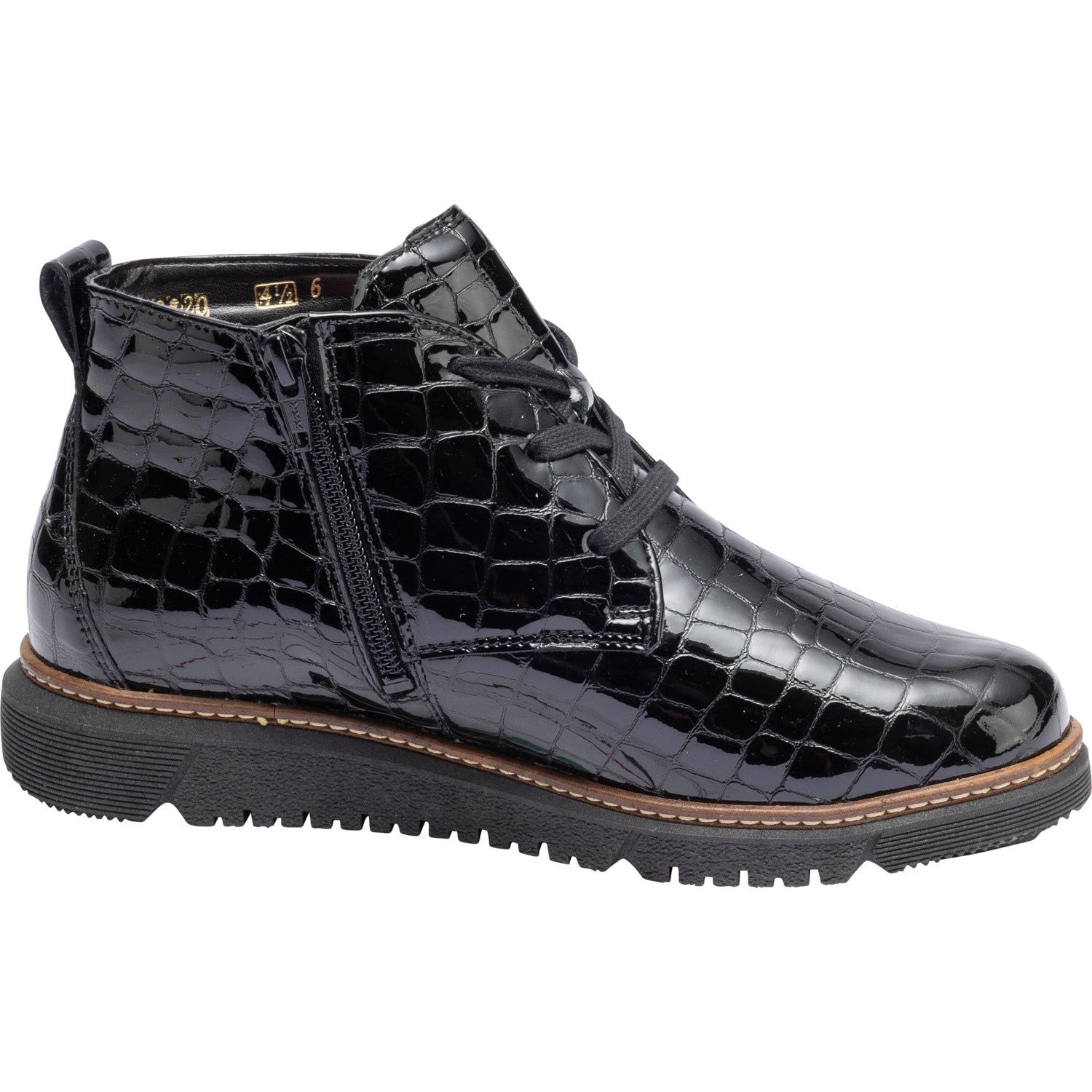Waldlaufer 604804 150 001 K-Gesa Ladies Black Patent Leather Zip & Lace Ankle Boots-elevate your sole