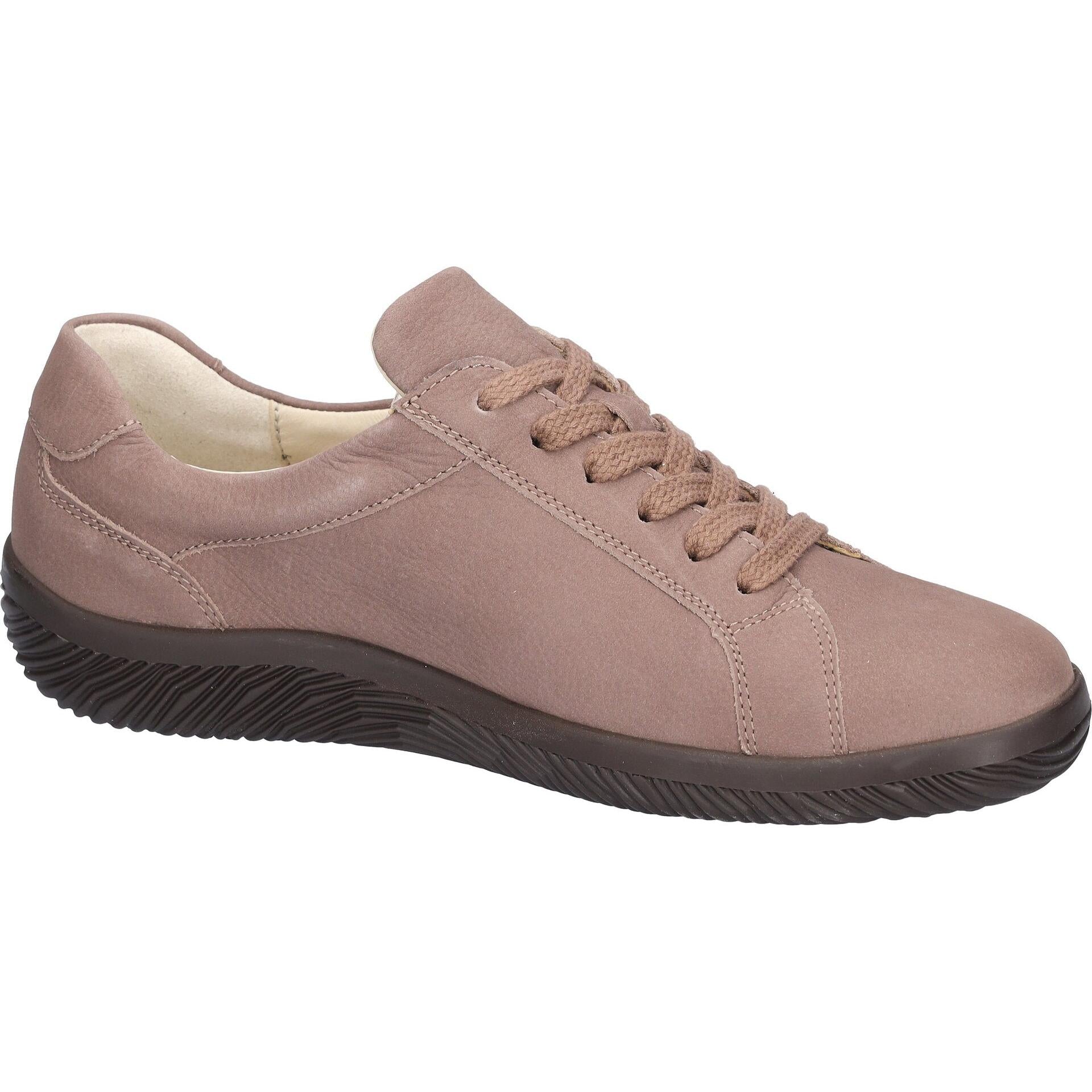 Waldlaufer 609001 190 285 K-Roya women's Wide Taupe Leather Arch Support Zip & Lace Shoes, rear three-quarter view.
