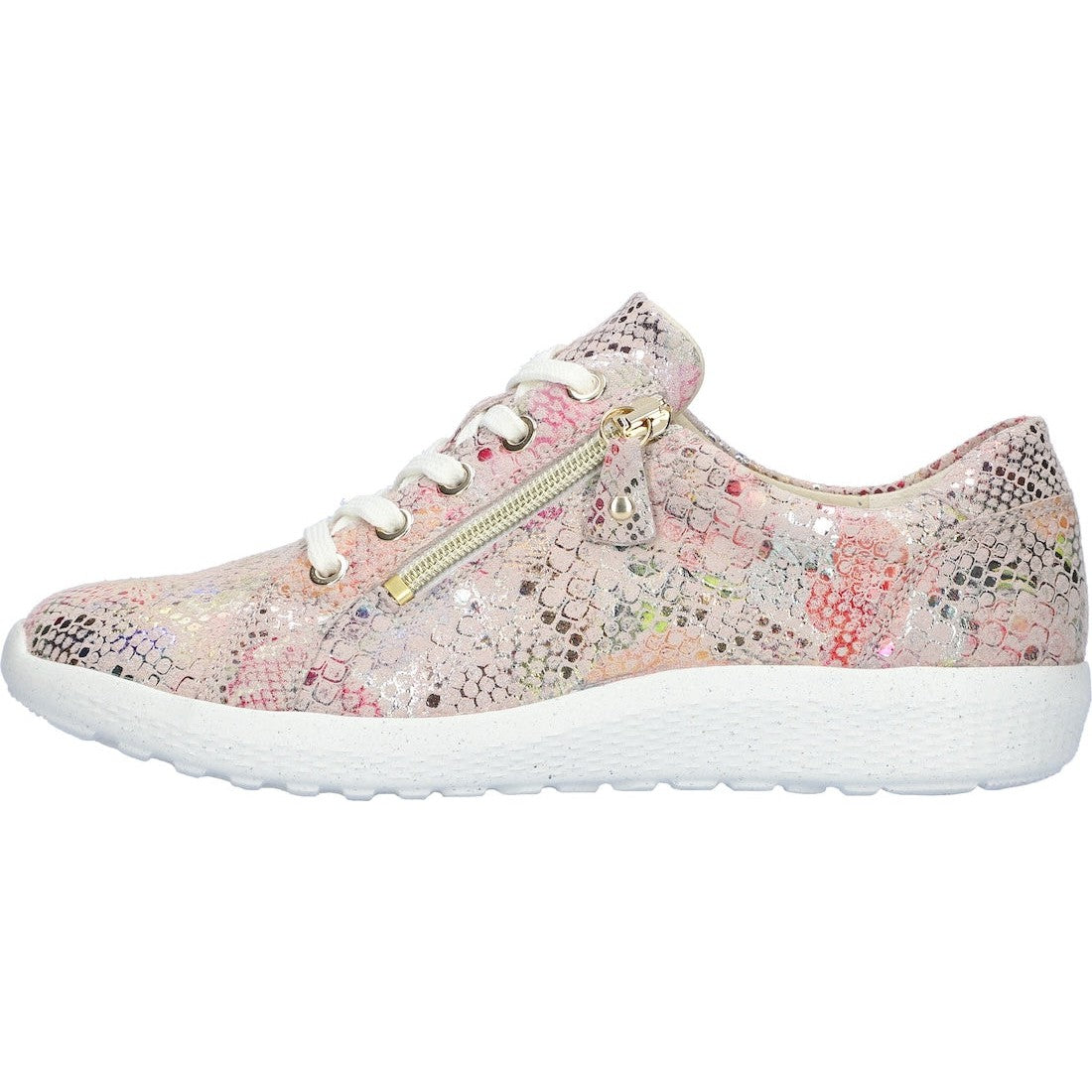 Waldlaufer 634007 164 264 K-Ira women's pink nubuck trainers with zip, lace-up, wide fit, and arch support, featuring a snake print pattern.
