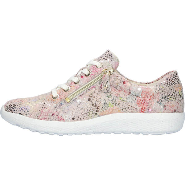 Waldlaufer 634007 164 264 K-Ira women's pink nubuck trainers with zip, lace-up, wide fit, and arch support, featuring a snake print pattern.