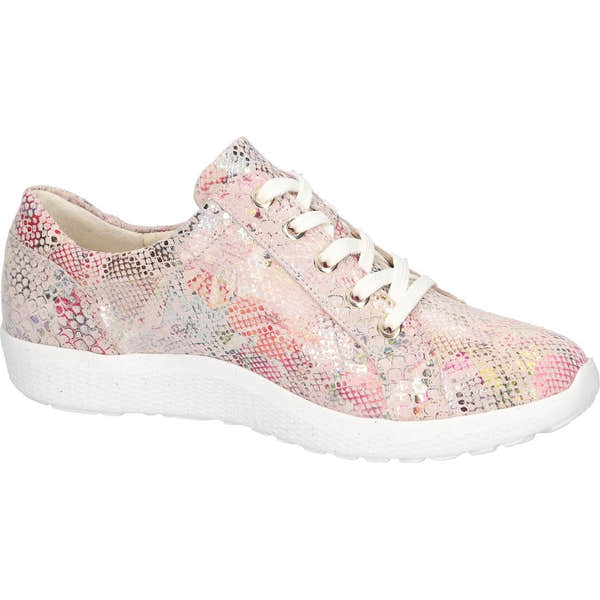 Waldlaufer K-Ira ladies wide-fit pink nubuck sneakers with lace-up and zip, arch support, trendy snake print design, white sole.