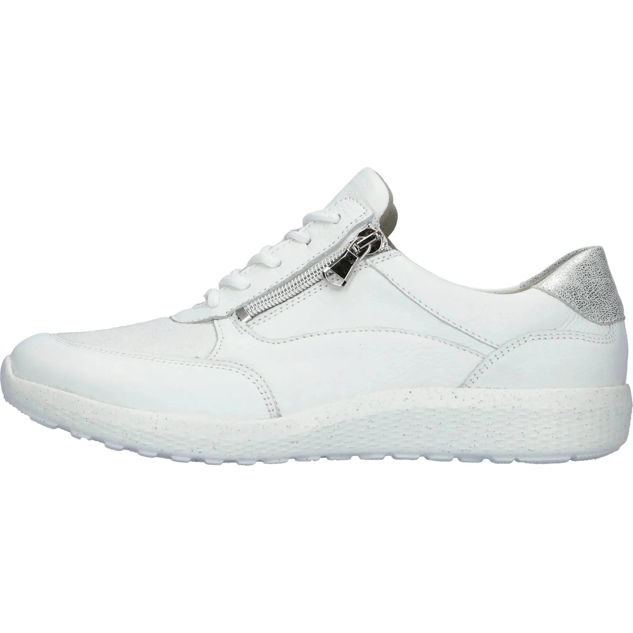 Waldlaufer K-Ira women's wide white leather trainers with silver accents, featuring front zipper and lace-up closure.