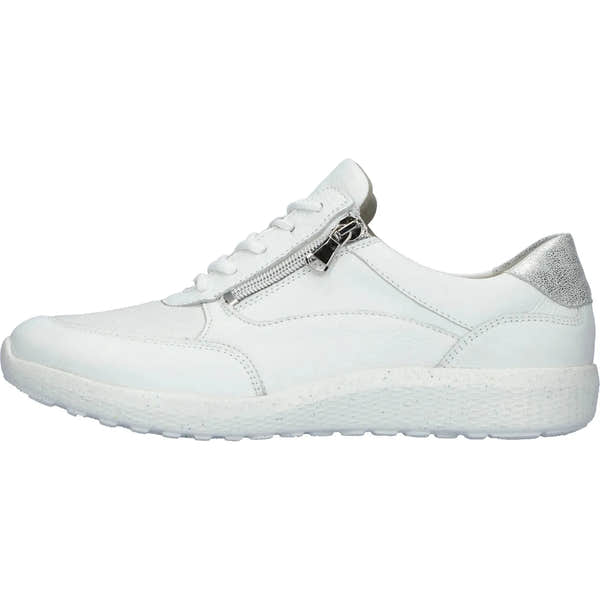 Waldlaufer K-Ira women's wide white leather trainers with silver accents, featuring front zipper and lace-up closure.