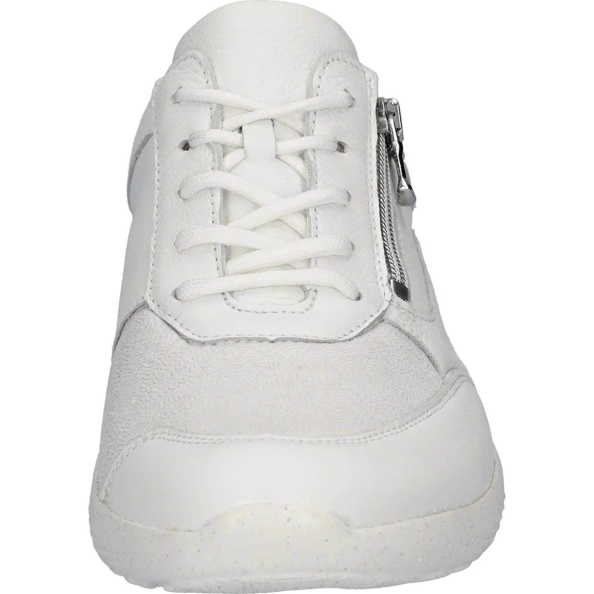 White leather women's trainers with silver accents, lace-up front, zipper detail, and cushioned sole.