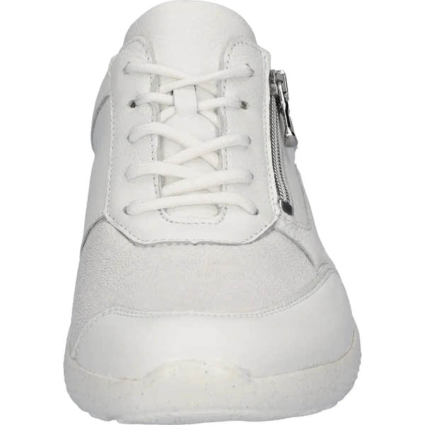 White leather women's trainers with silver accents, lace-up front, zipper detail, and cushioned sole.