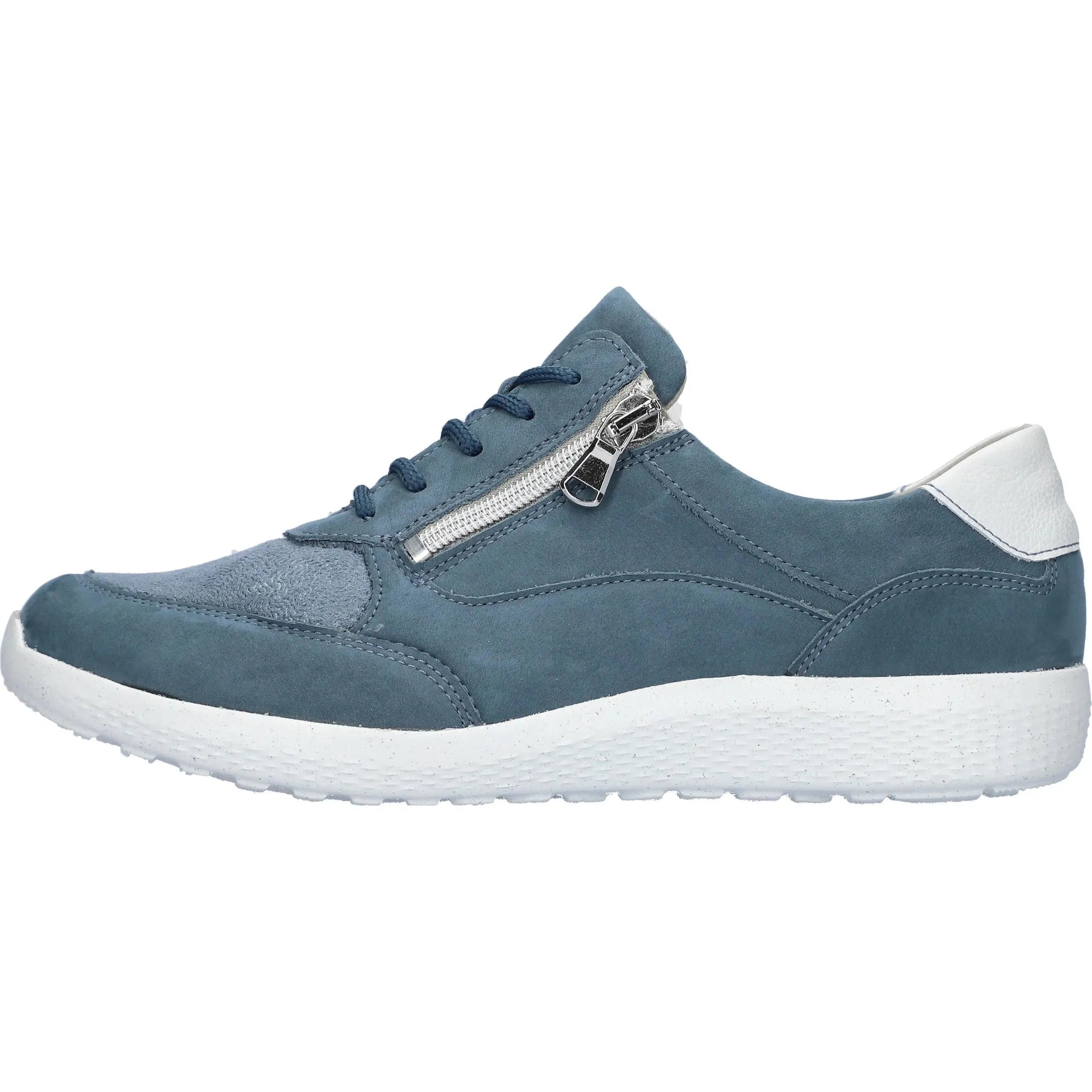 Waldlaufer women's wide-fit denim nubuck trainer with side zipper and lace-up closure, white sole, and sporty design.