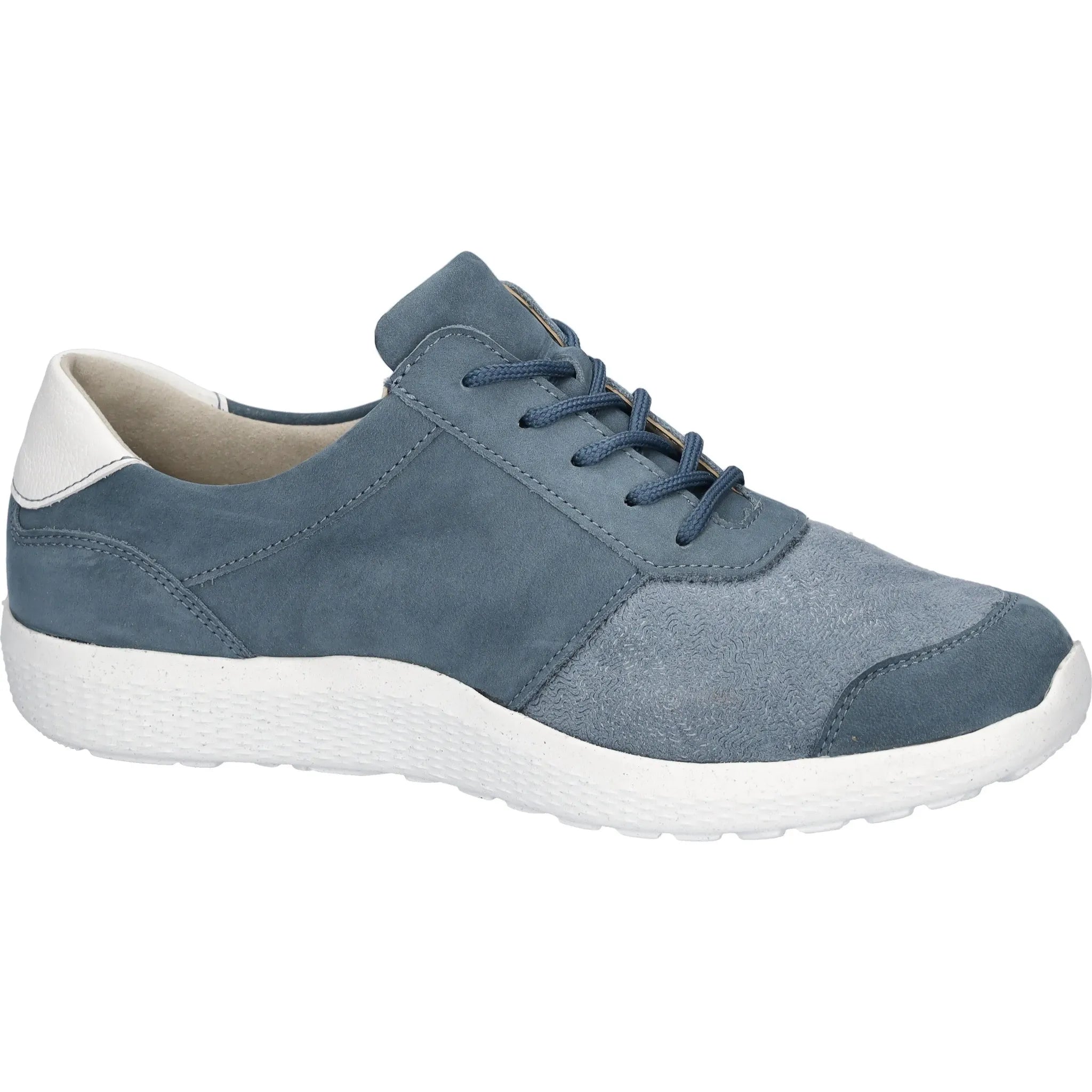 Waldlaufer 634K02 women's wide denim nubuck lace-up trainers with zip, cushioned sole, and stylish mixed textures.
