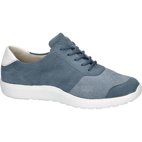 Waldlaufer 634K02 women's wide denim nubuck lace-up trainers with zip, cushioned sole, and stylish mixed textures.