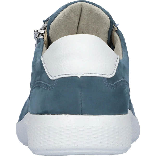 Waldlaufer ladies' wide-fit denim nubuck trainers with zipper and lace closure, cushioned beige interior, and white rubber sole.