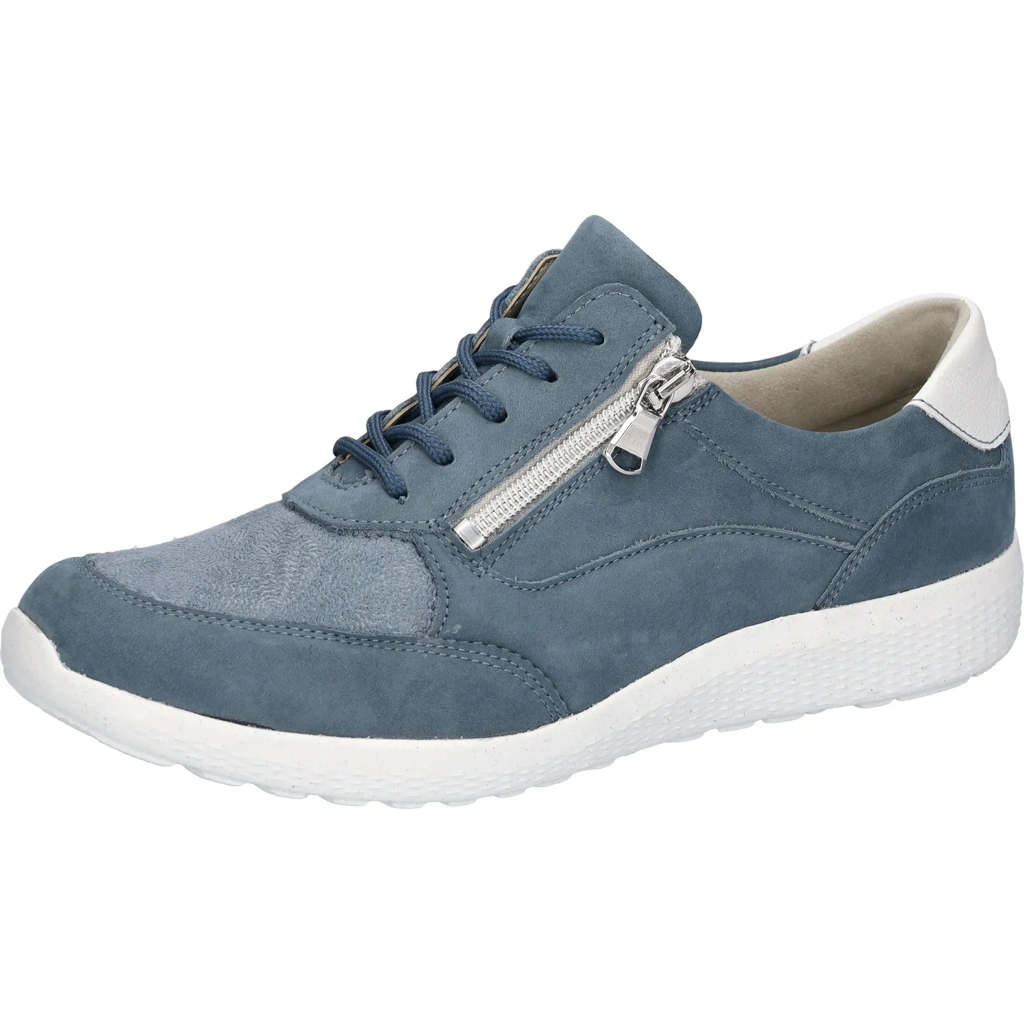 Waldlaufer 634K02 310 263 K-Ira women's wide denim nubuck trainers with zip and lace closure, cushioned white sole.