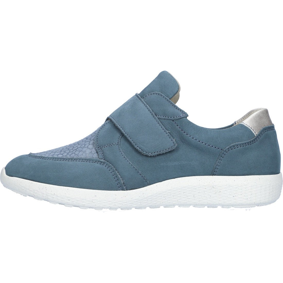 Waldlaufer 634K33 305 263 K-Ira women's wide fit trainer with denim and taupe nubuck upper, arch support, and touch fastening strap.