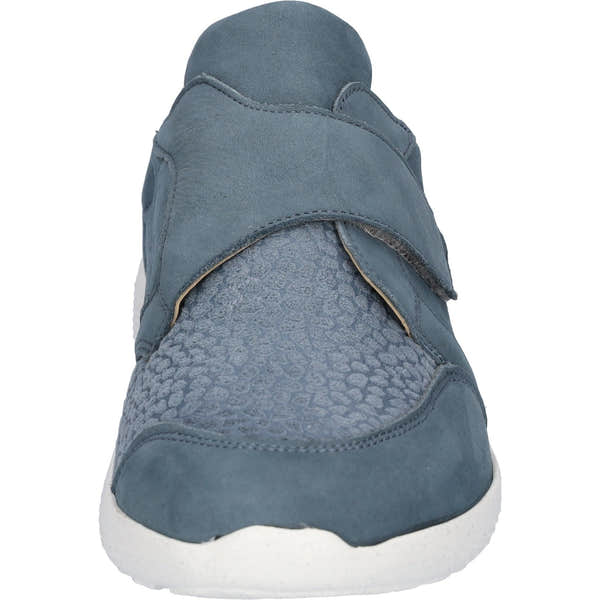 Waldlaufer K-Ira Soft ladies' wide-fit trainers with denim and taupe nubuck, arch support, touch fastening, and white sole.