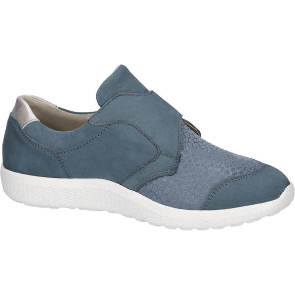 Waldlaufer K-Ira Soft women's wide fit trainers, denim and taupe nubuck with arch support, touch fastening, casual sneaker