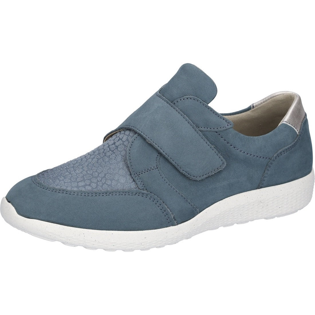 Waldlaufer Ladies Wide Denim/Taupe Nubuck Trainers with arch support and touch fastening, lightweight and comfortable.