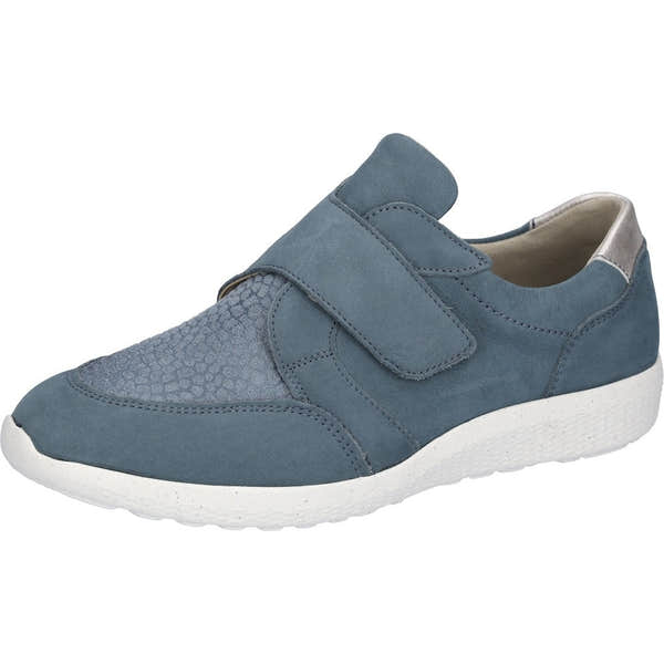 Waldlaufer Ladies Wide Denim/Taupe Nubuck Trainers with arch support and touch fastening, lightweight and comfortable.