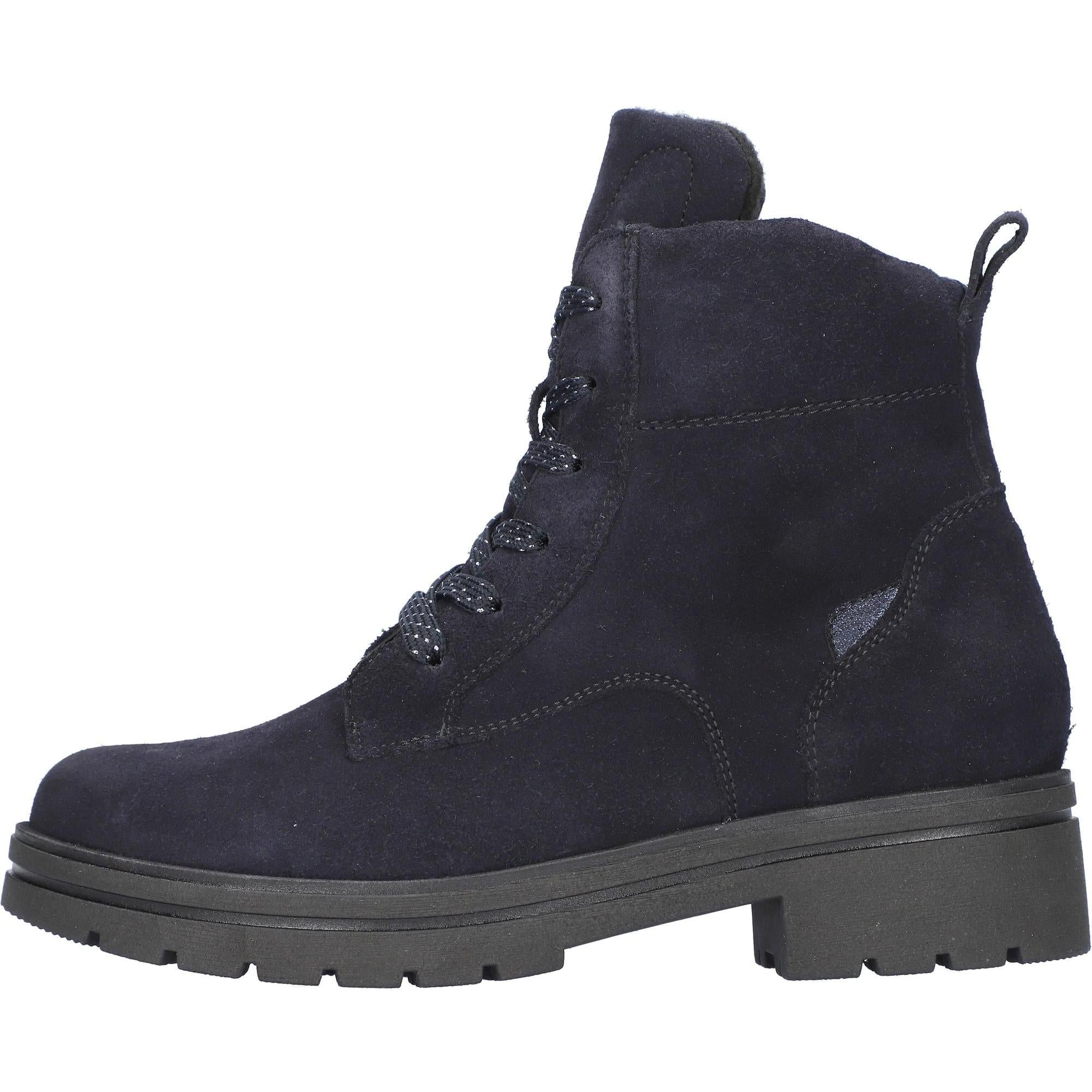 Waldlaufer K-Zoe women's navy suede ankle boots with lace-up, zip closure, arch support, and chunky sole.