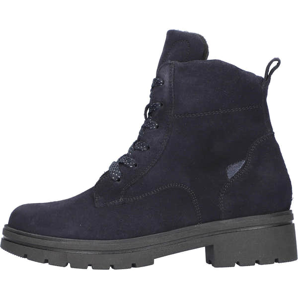 Waldlaufer K-Zoe women's navy suede ankle boots with lace-up, zip closure, arch support, and chunky sole.