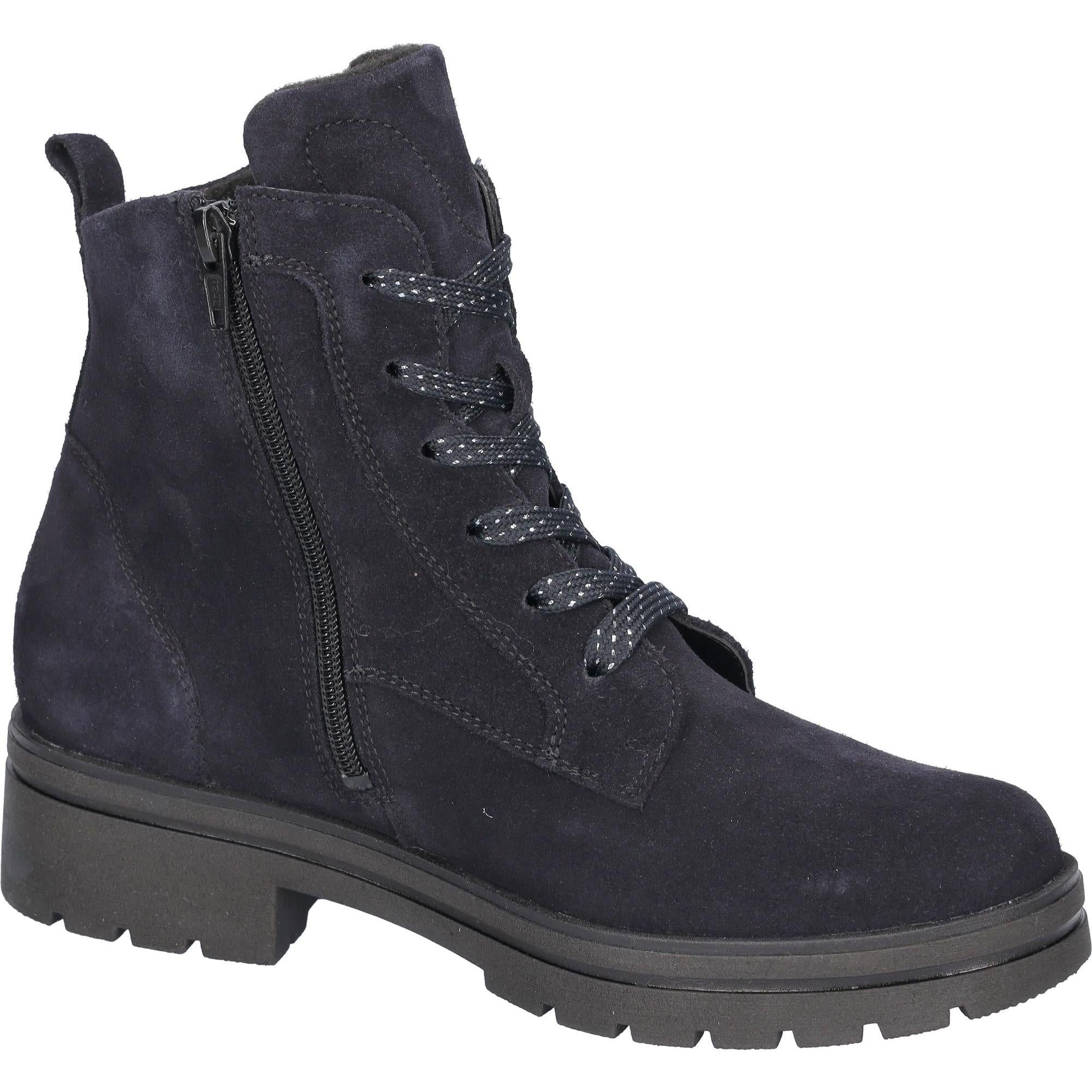 Waldlaufer 648801 K-Zoe women's navy suede ankle boots with lace-up front, side zipper, arch support, and chunky sole.