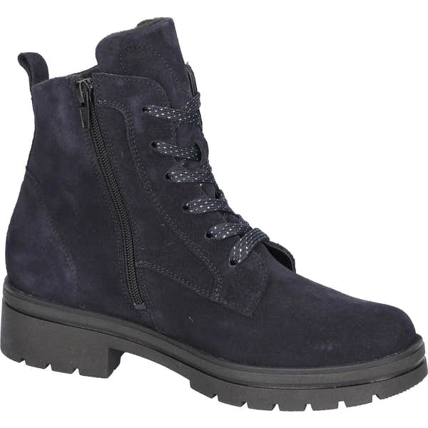 Waldlaufer 648801 K-Zoe women's navy suede ankle boots with lace-up front, side zipper, arch support, and chunky sole.
