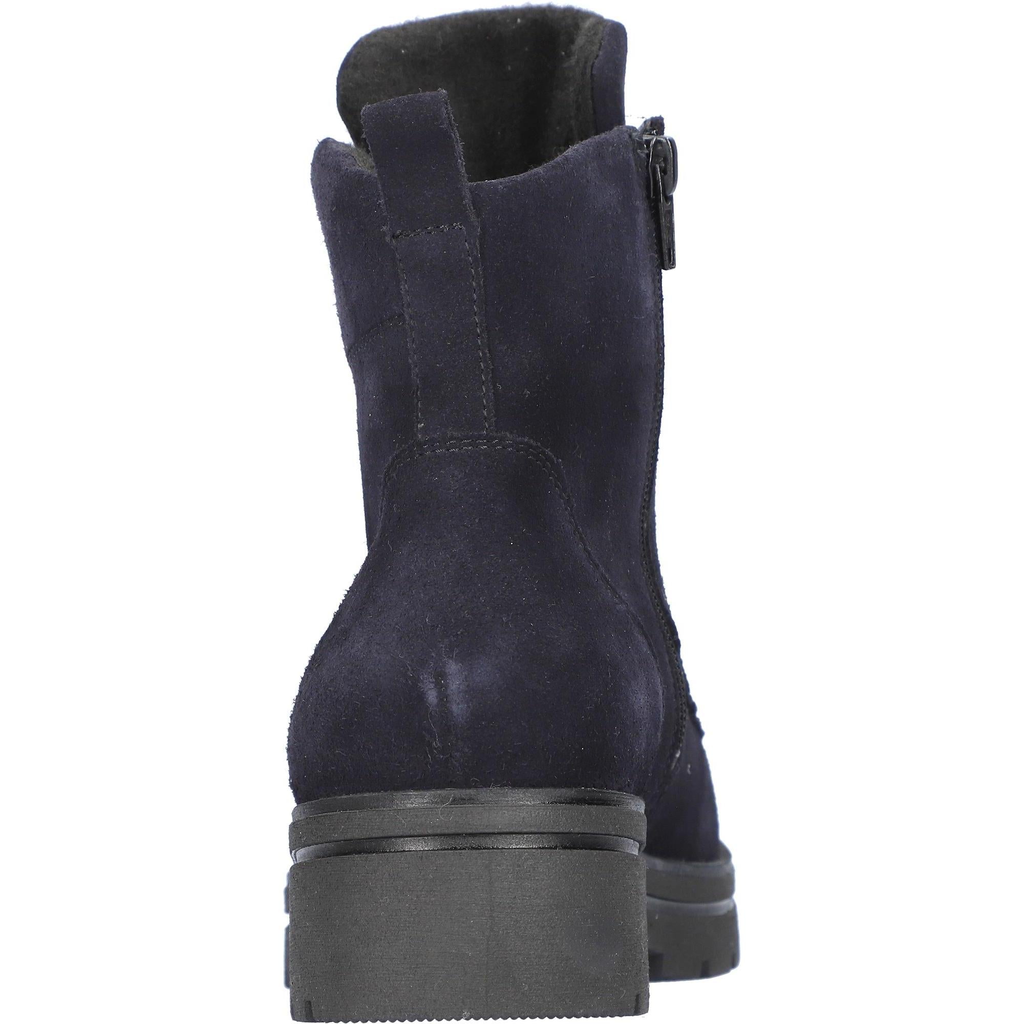 Waldlaufer women's navy suede ankle boots with zip closure, lace detail, arch support, and chunky heel.