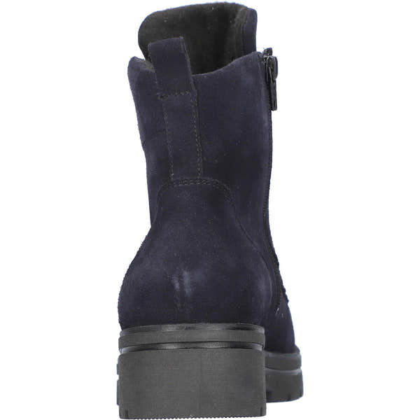 Waldlaufer women's navy suede ankle boots with zip closure, lace detail, arch support, and chunky heel.