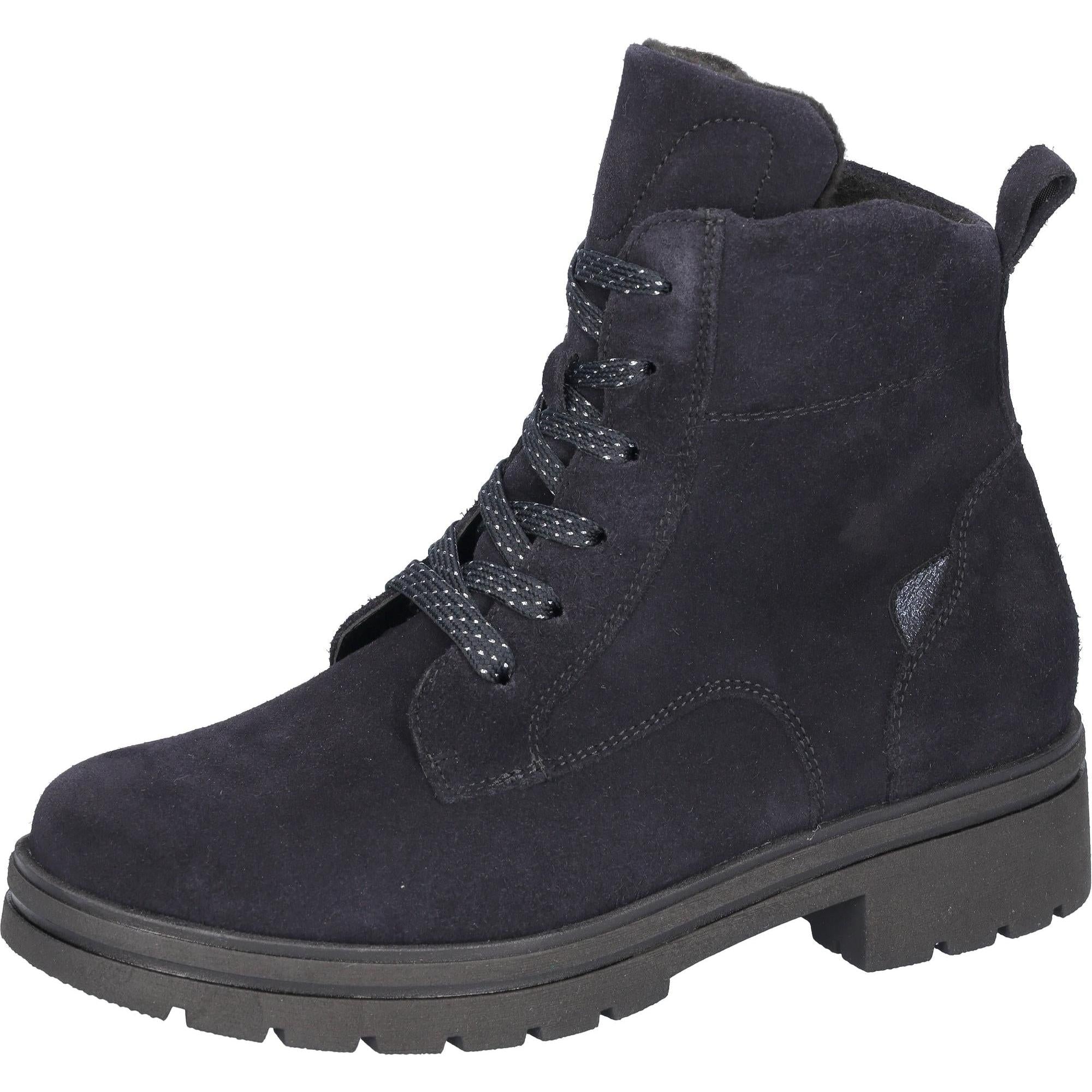 Waldlaufer K-Zoe women's wide navy suede ankle boots with laces, zip closure, arch support, and rugged sole.