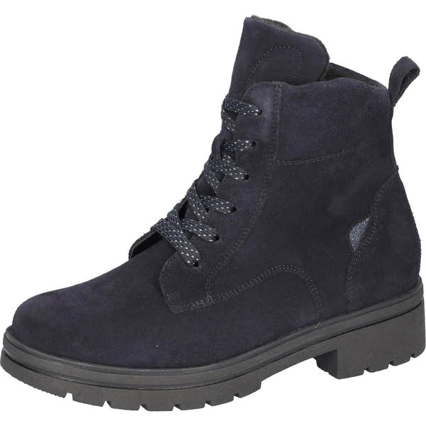 Waldlaufer K-Zoe women's wide navy suede ankle boots with laces, zip closure, arch support, and rugged sole.
