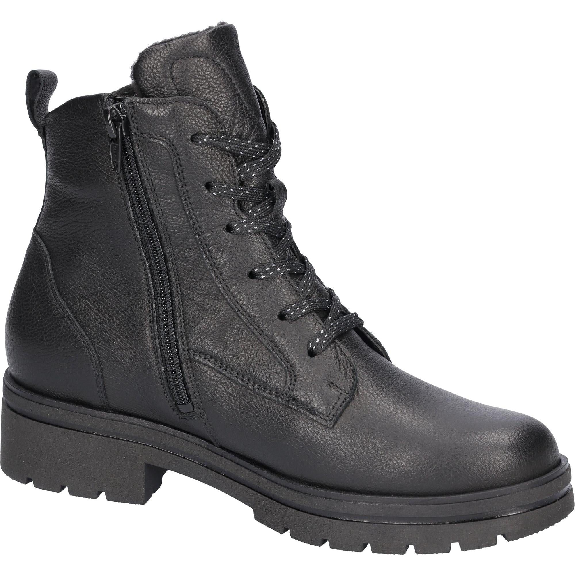 Waldlaufer K-Zoe women's black leather ankle boots with laces, side zipper, arch support, and rugged sole.
