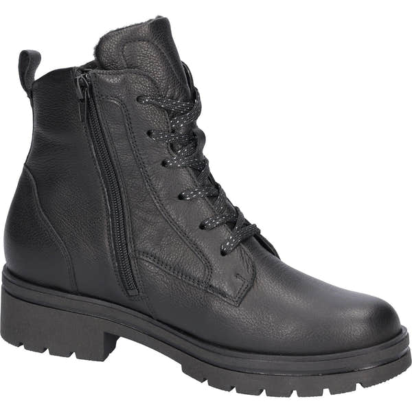 Waldlaufer K-Zoe women's black leather ankle boots with laces, side zipper, arch support, and rugged sole.