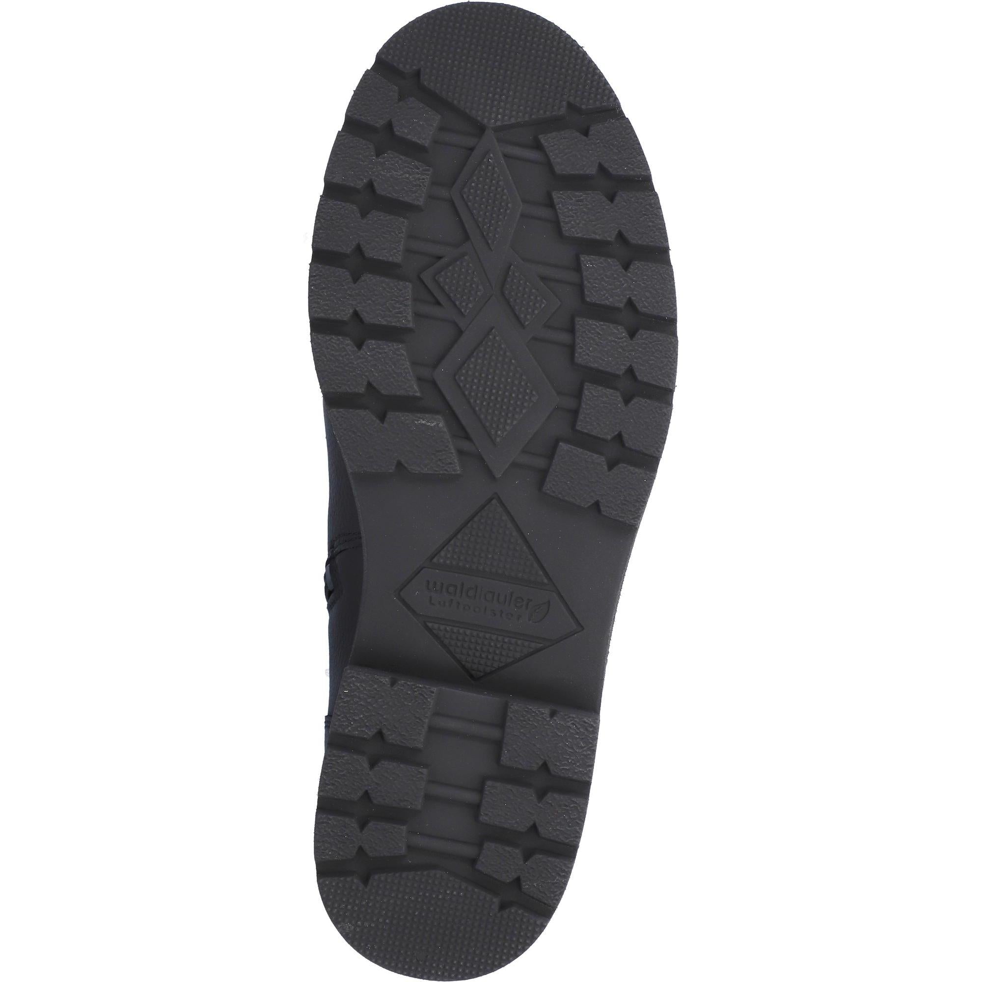 Waldlaufer K-Zoe women's black leather ankle boots with zip, lace-up design, wide fit, and arch support, featuring rugged traction sole.
