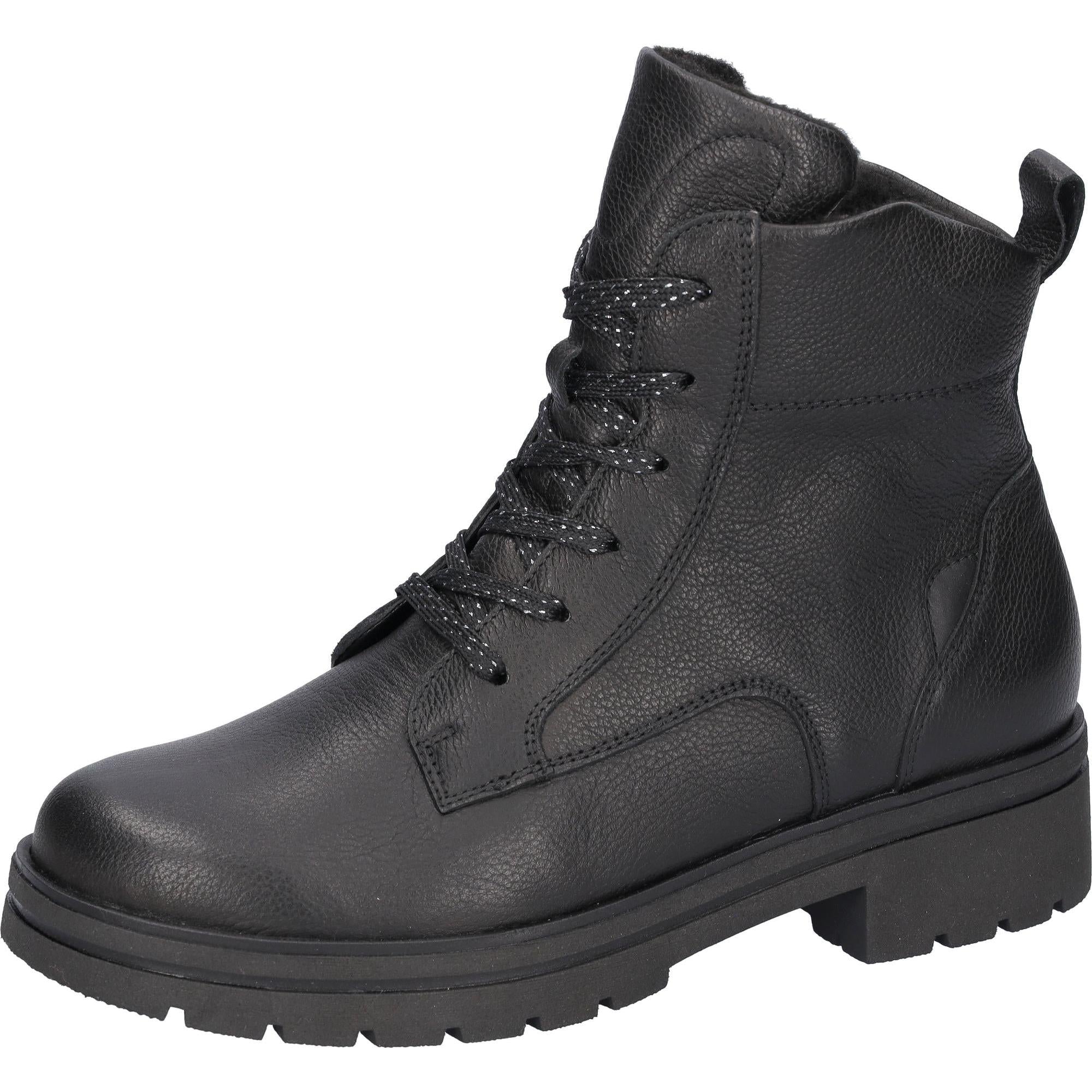 Waldlaufer K-Zoe women's wide-fit black leather ankle boots with lace and zipper closure, supportive arch, chunky sole.