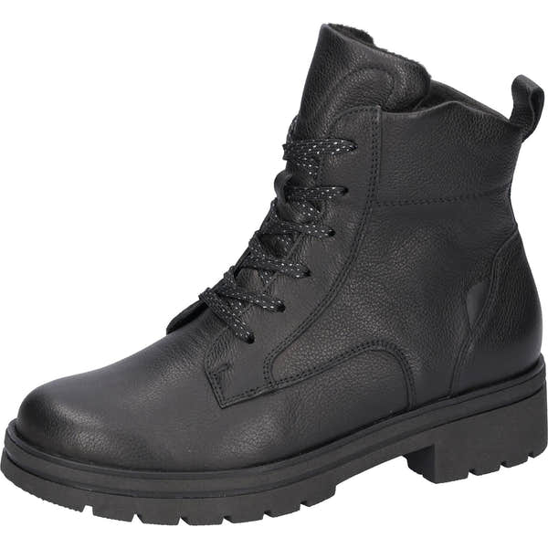 Waldlaufer K-Zoe women's wide-fit black leather ankle boots with lace and zipper closure, supportive arch, chunky sole.
