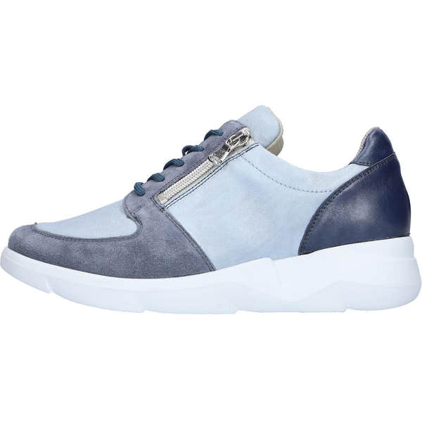 Waldlaufer women's wide-fit trainers with sky blue suede and leather, zip and lace closure, arch support, modern sporty design.