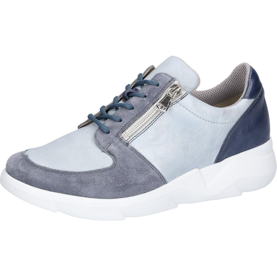 Waldlaufer 668K02 402 206 K-Funky women's wide-fit trainer with suede, leather, zip, lace-up, sky blue color, and arch support.