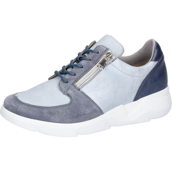 Waldlaufer 668K02 402 206 K-Funky women's wide-fit trainer with suede, leather, zip, lace-up, sky blue color, and arch support.