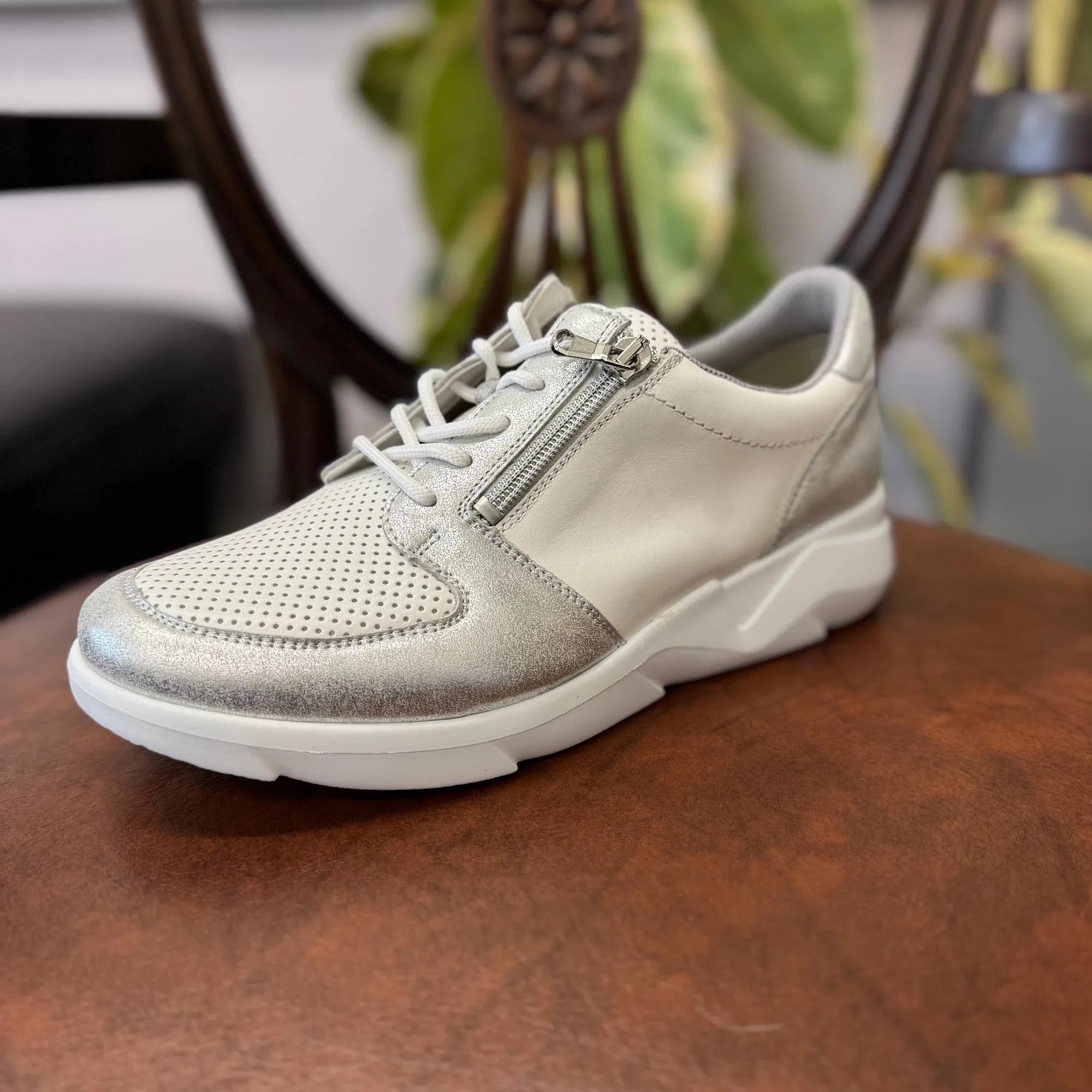Waldlaufer 668K02 403 Ladies Wide Silver and White Leather Arch Support Trainers with zip and lace closure.