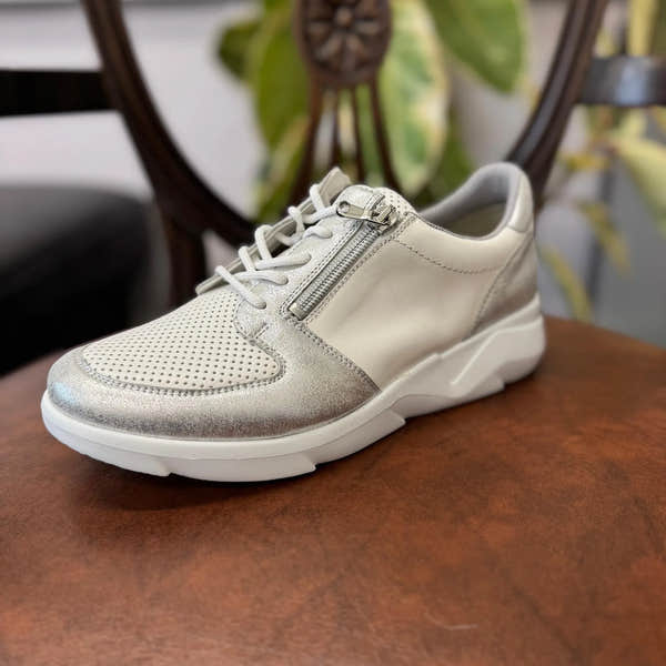 Waldlaufer 668K02 403 Ladies Wide Silver and White Leather Arch Support Trainers with zip and lace closure.