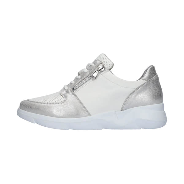 Waldlaufer women's wide silver and white leather trainer with arch support, zipper and lace-up fastening, casual sneaker.