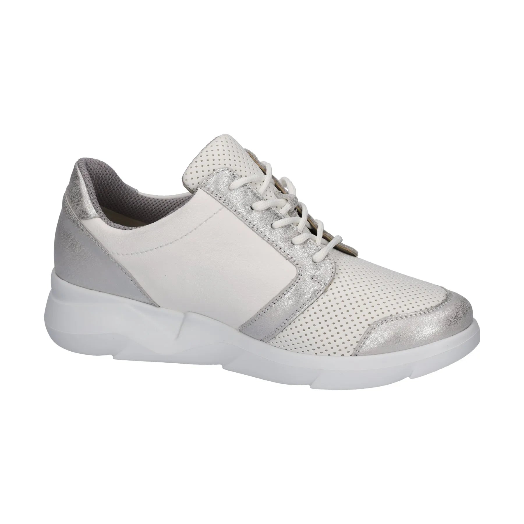 Waldlaufer Ladies wide fit silver and white leather zip and laced trainers with arch support and chunky sole.