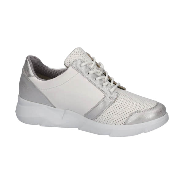 Waldlaufer Ladies wide fit silver and white leather zip and laced trainers with arch support and chunky sole.