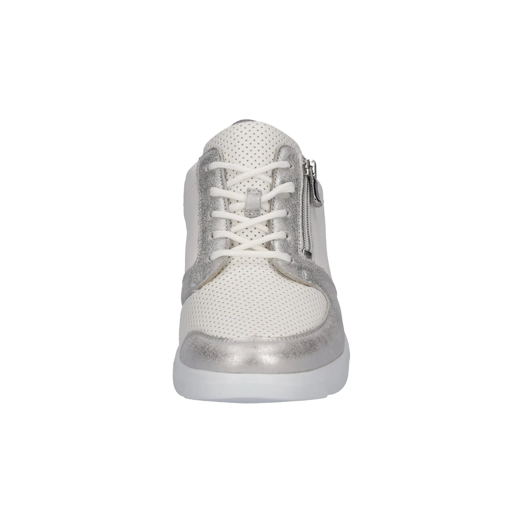 Waldlaufer ladies wide silver and white leather trainers with zip and lace fastenings, featuring arch support and stylish design.