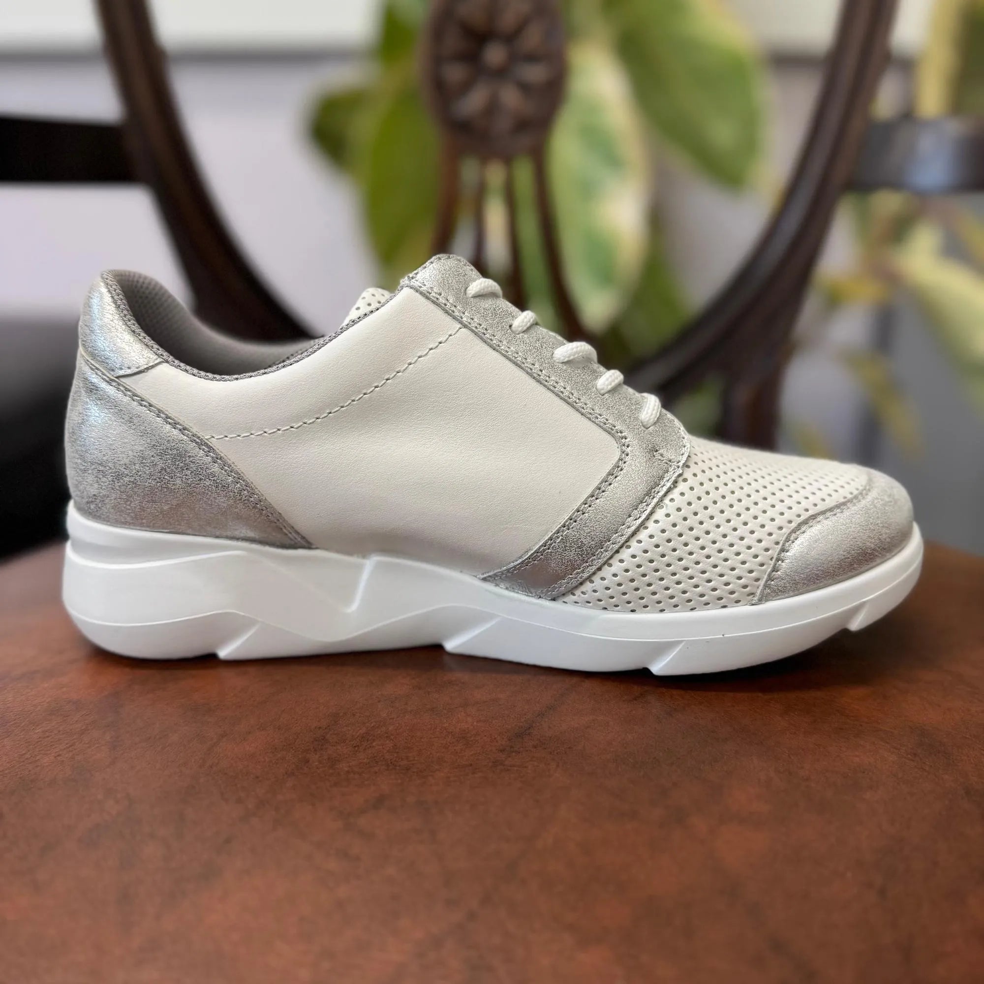 Waldlaufer ladies wide-fit silver and white leather trainers with arch support, zip and lace closure, cushioned sole.
