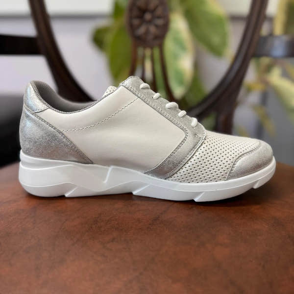 Waldlaufer ladies wide-fit silver and white leather trainers with arch support, zip and lace closure, cushioned sole.