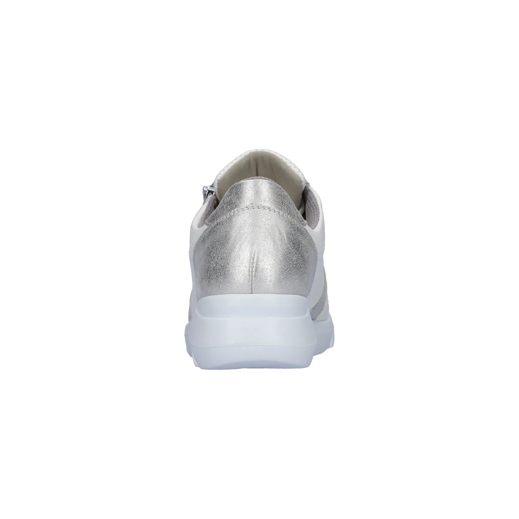 Close-up of women's white and silver leather trainers with zip and lace, arch support, casual sneaker style.