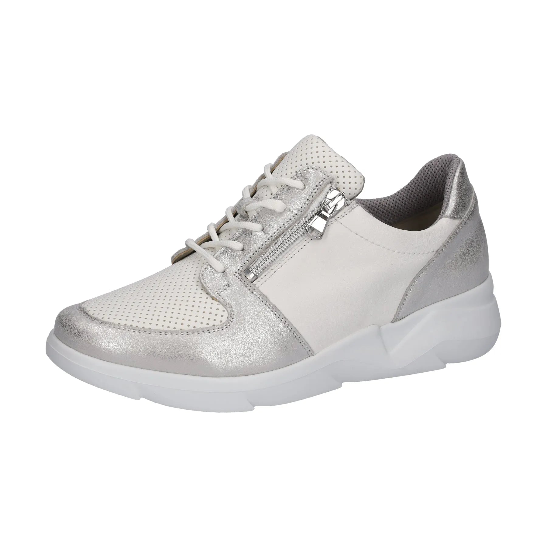 Waldlaufer women's wide fit silver and white leather trainers with arch support, zip and lace closure, stylish sporty design.